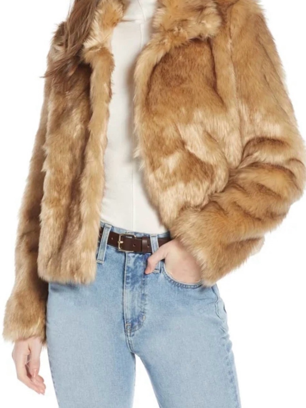 Something Navy Faux Fur Teddy Jacket in Camel Brown